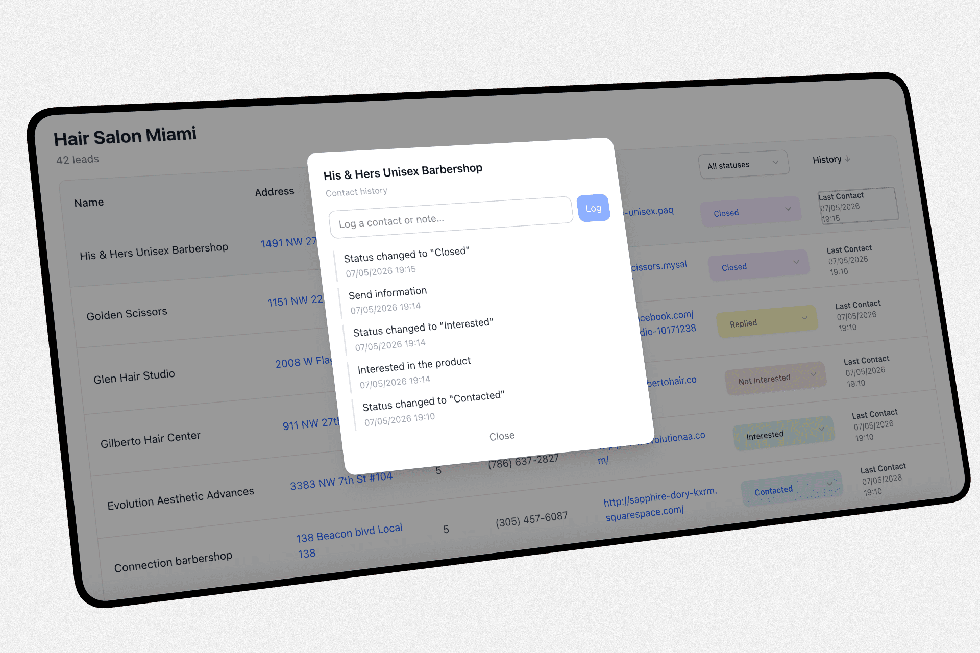 Contact history and activity log per lead